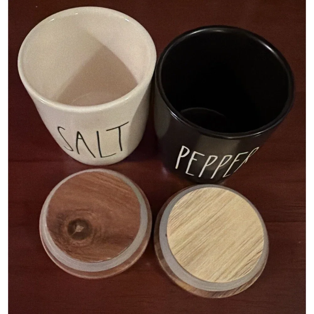 Rae Dunn Salt & Pepper Container Jar Set Ceramic Black & White Wood Lid 3.5